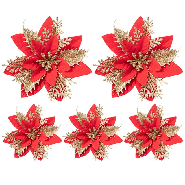 5/10 Uds. Tema de Festival de flores artificiales con purpurina de 5,51 pulgadas para decoración de corona de árbol de Navidad