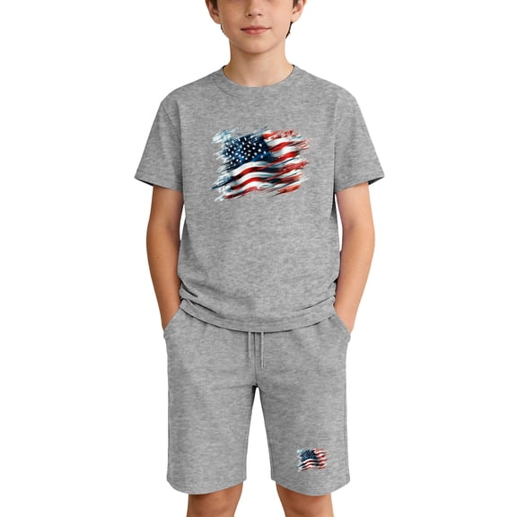 Kids Gray American Flag 4th of July Outfit, Unisex Patriotic T-Shirt and Shorts 2-Piece Set for Kids Boys Girls,Size 5 T