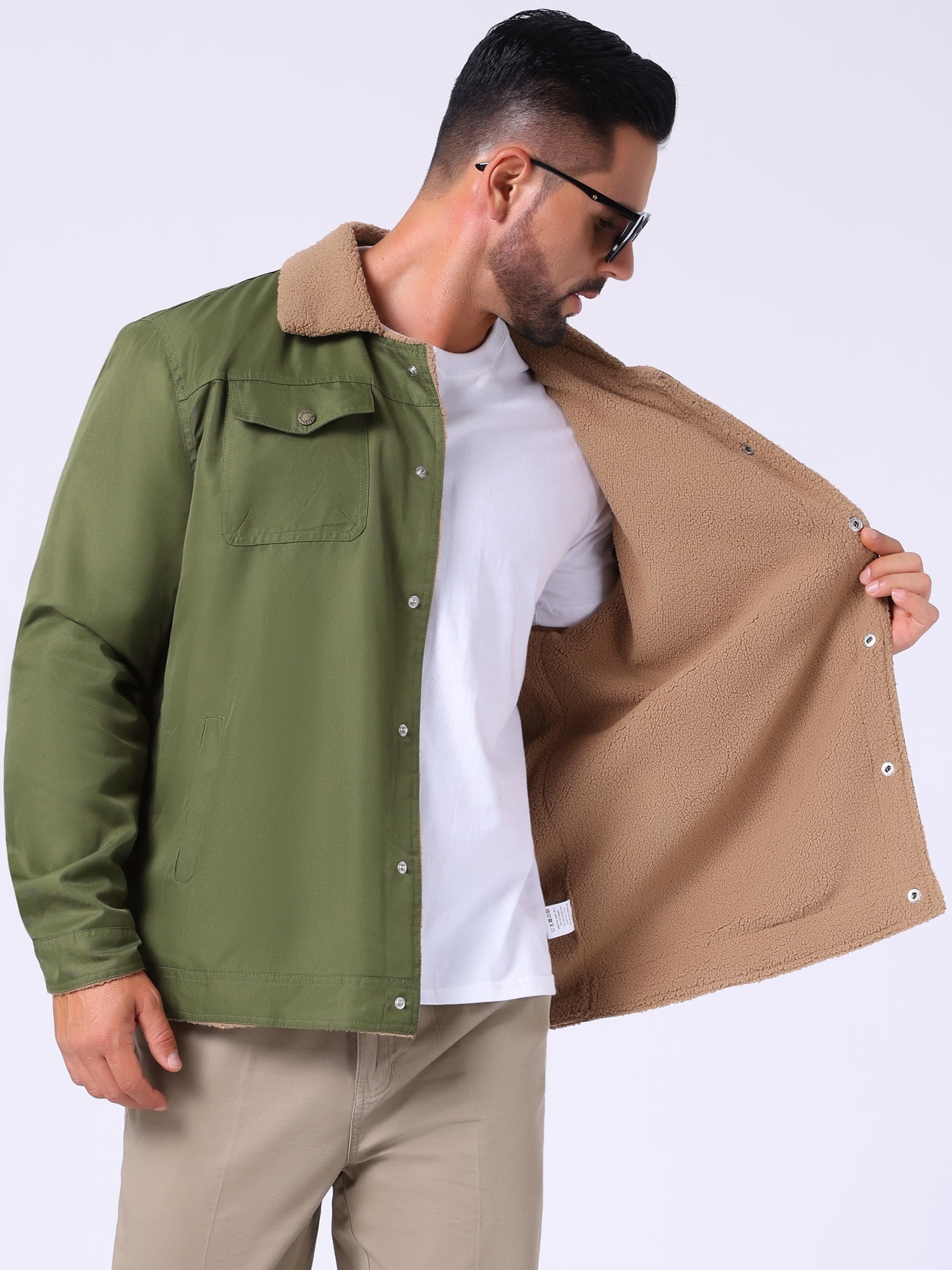 DARING DIVA Collared Button Front Fleece Lining Cargo Trucker Jacket M Olive Green