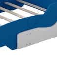 thumbnail image 6 of Race Car Bed, Solid Wood Floor Bed with Shelves, Wheels and Safety Guardrails, Full Size Platform Bed with Slats Support for Boys Girls Adults, No Spring Box Needed, Blue, 6 of 7