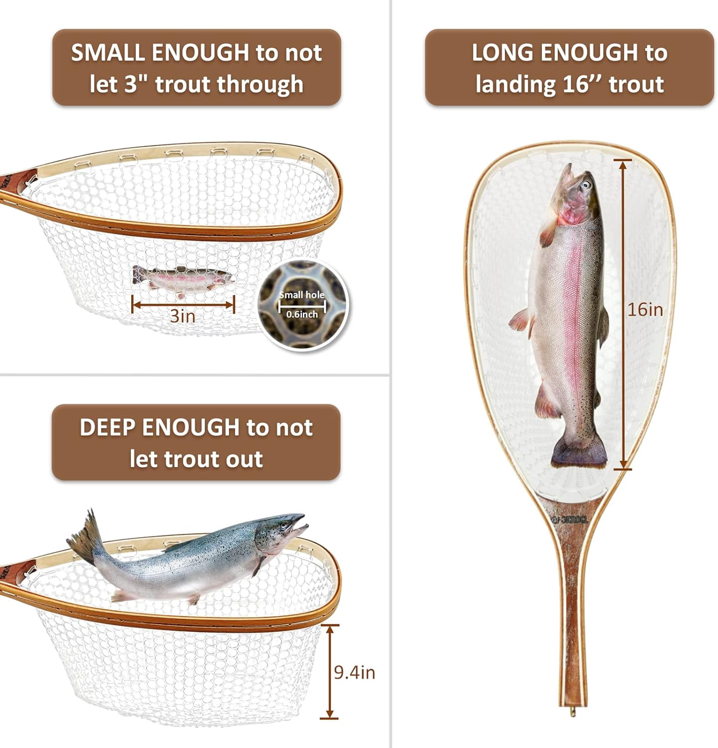 Fly Fishing Net Trout Net with Magnetic Release and Rod Holder Wooden Frame Landing Net with Soft Rubber Mesh for Catch and Release (Clear Small Holes)