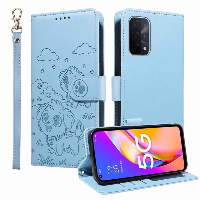Funda Cartera GANGXUN con Diseño de Perrito en Relieve para OPPO A74 4G , Protección 360° con Ranuras y Correa Desmontable