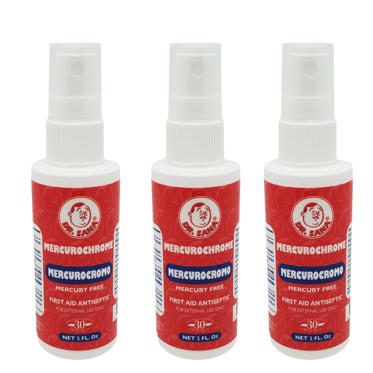 Dr Sana Mercurochrome Spray. First Aid Antiseptic. Mercury Free. For Minor  Scrapes, Burns and Cuts. Prevents Skin Infections. 2 fl.oz. Pack of 3