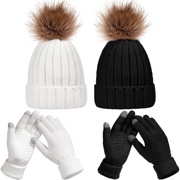 4 Pcs Winter Beanie Hat Gloves Set Pom Knit Unisex Warm Fleece Lined Hat Touchscreen Gloves for Women Men Couples Friends