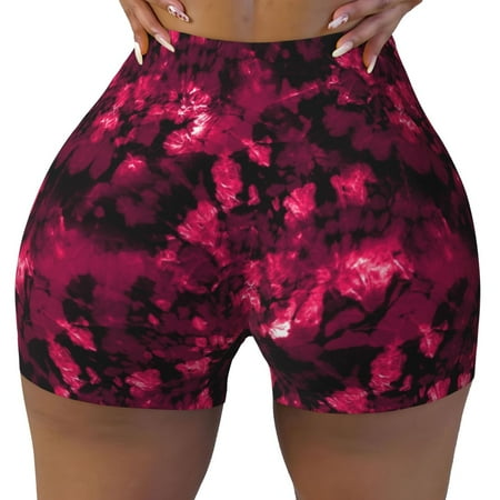 Workout Shorts Women  Burgundy Tie Dye Biker Shorts for Women Running Gym Spandex Shorts Tummy Control