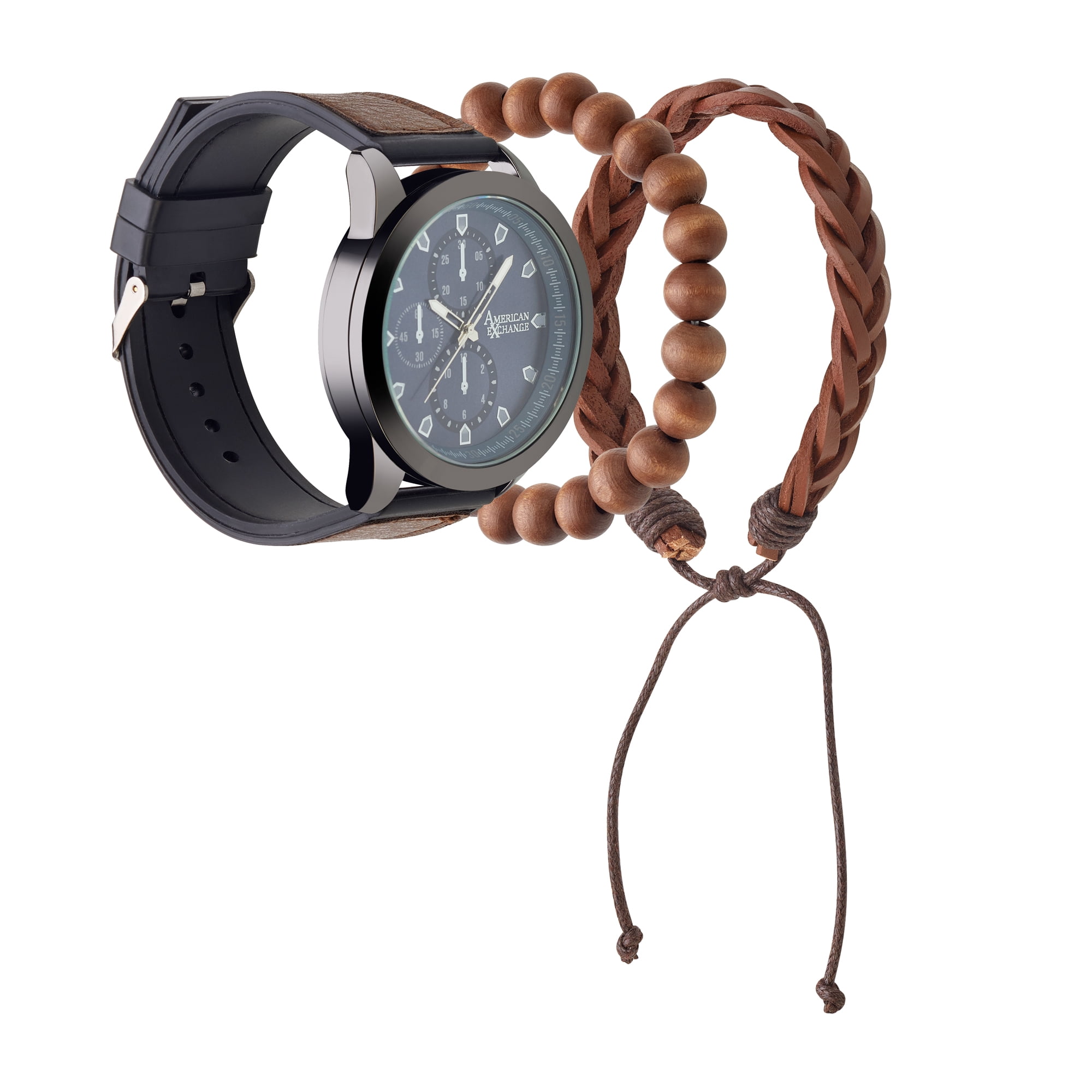 American Exchange Men's Brown PU Leather Strap 47mm Analog Watch w/ Bracelet Set