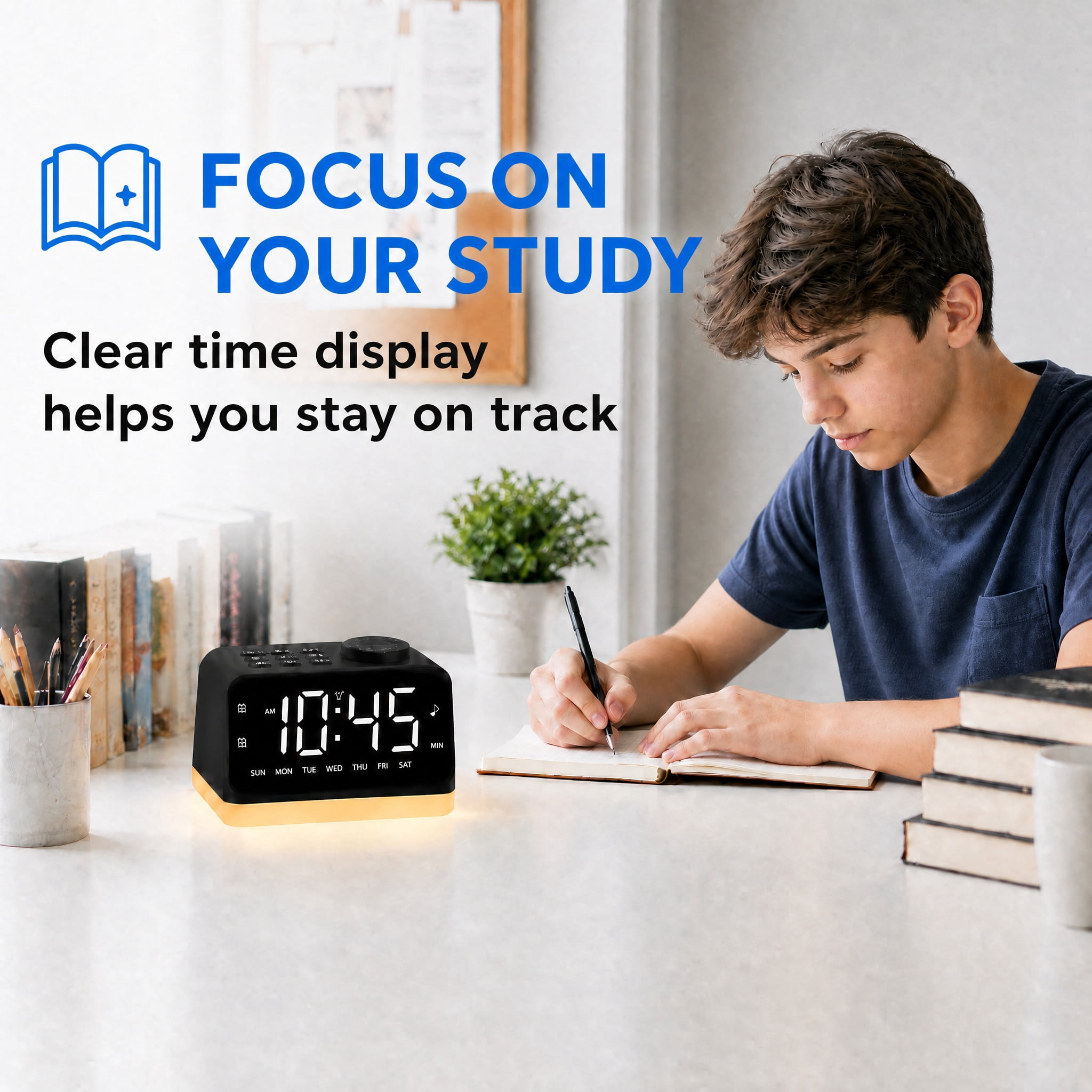 Digital Alarm Clock with FM Radio for Bedroom, 8 Colors Night Light with 2 Charging Port, Sleep Sound Machines with Timer, Dual Alarm, Loud Alarm and Easy to Use for Seniors and Kids