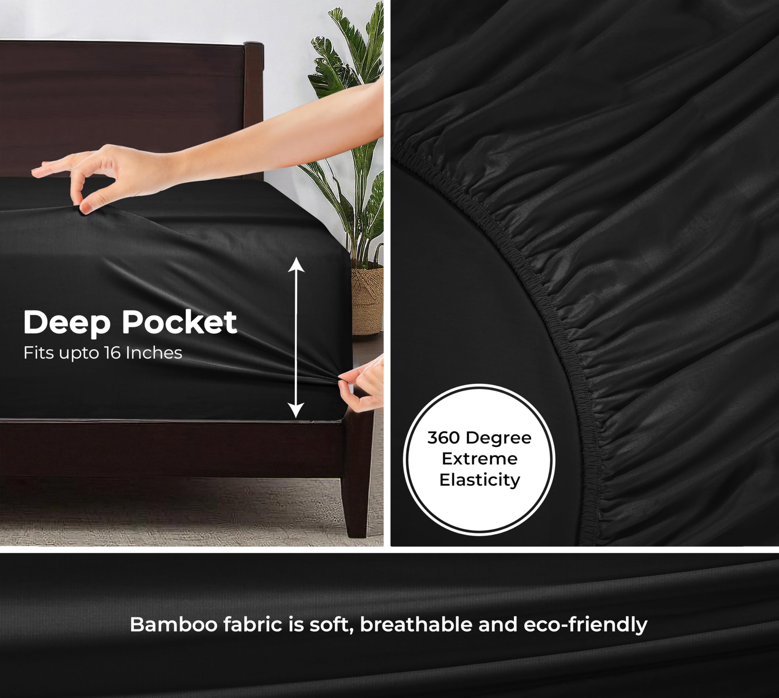 Royale Linens Bamboo Fitted Sheet Twin Only - Cooling Twin Size Fitted Sheets For Bed - Deep Pocket Up to 16" - Organic Viscose Derived from Bamboo - Breathable Bottom Sheet (39x75 Inch, Black)