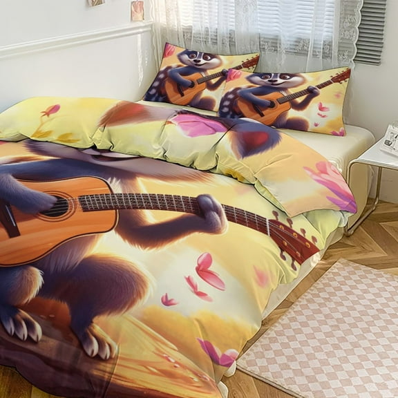 Raccoon Playing Guitar Bedding Sets Twin Duvet Cover 3 Piece Cute Bed Set for Boys Girls Kid
