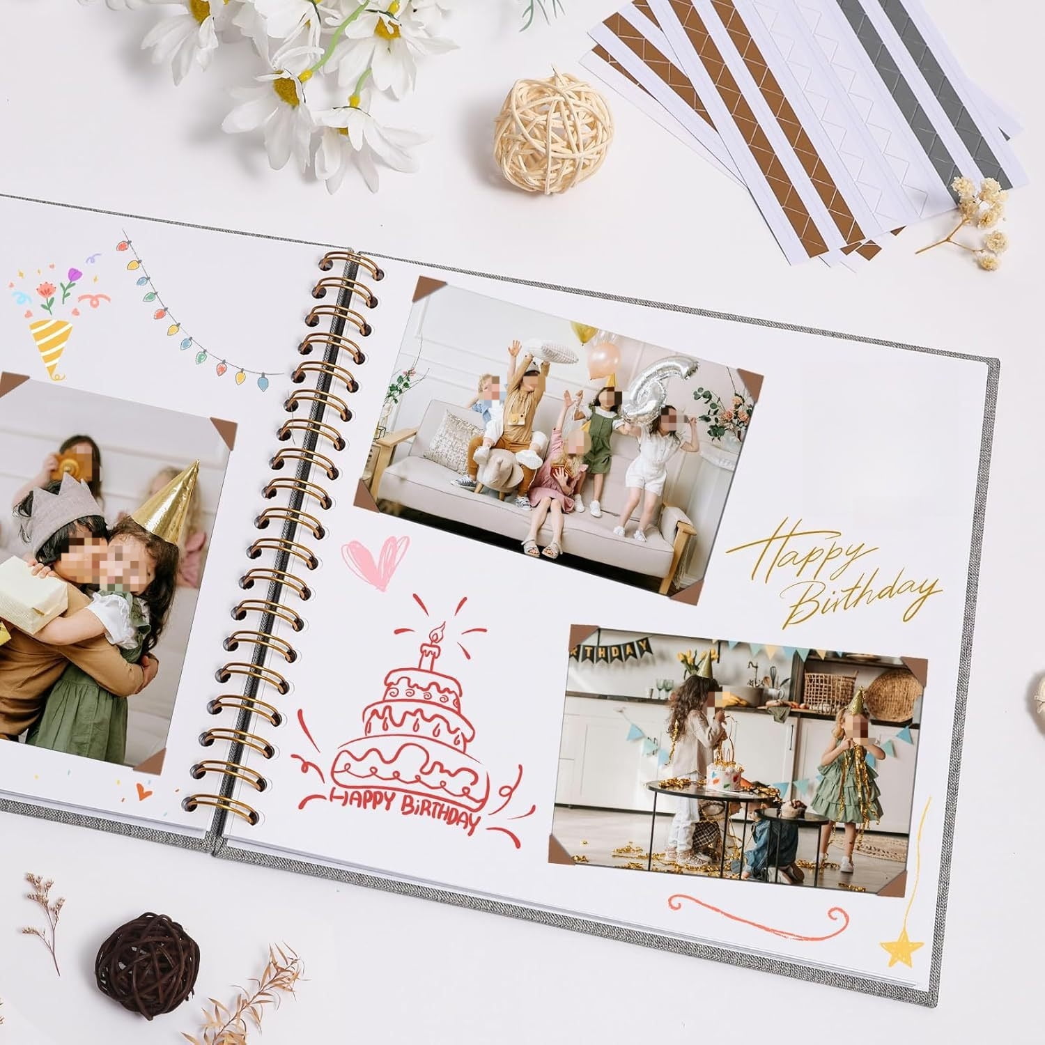 8-Inch Linen Hardcover Scrapbook Album with Photo Window, Spiral Bound DIY Memory Book for Wedding Guestbook & Crafting, Includes Gold/Silver/White Photo Corners