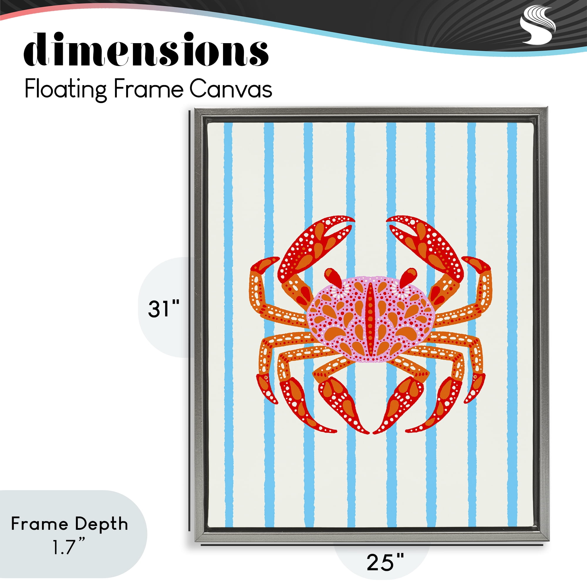 Stupell Industries Bright Crab on Stripes Gray Framed Floater Canvas Wall Art, design by Indira Prieto | IndySign