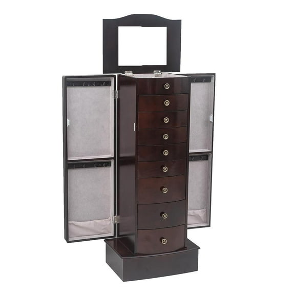 SamyoHome Jewelry Cabinet Armoire Wood Jewelry Box Storage Stand Organizer Brown