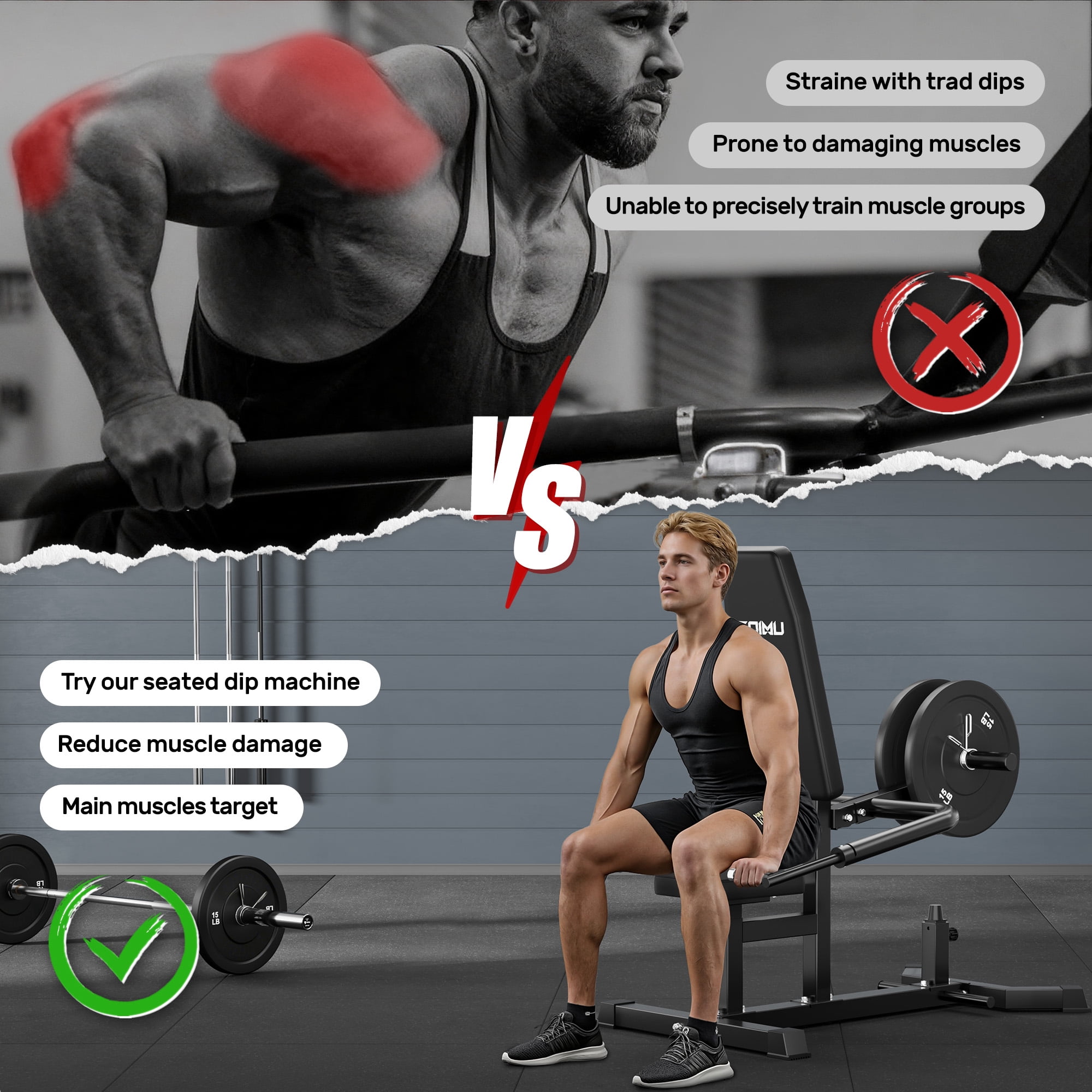 Seated Dip Machine, 400LBS Strength Training Upper Body Machine with Tricep Dip Press & Cable Bar for Home Gym