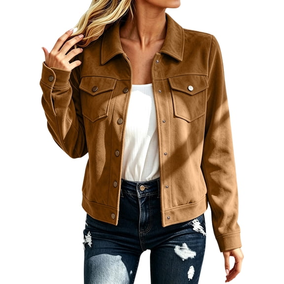 Gytharion Women's Faux Suede Shirt Jackets Button Front Turn Down Collar Jackets Long Sleeve Solid Color Casual Jackets with Pockets