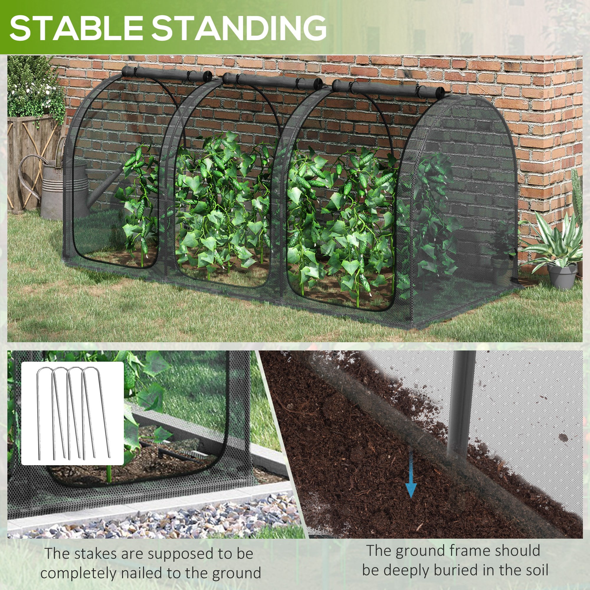 9' x 4' Crop Cage, Plant Protection Tent with Three Zippered Doors, Storage Bag and 6 Ground Stakes, for Garden, Yard, Lawn, Black