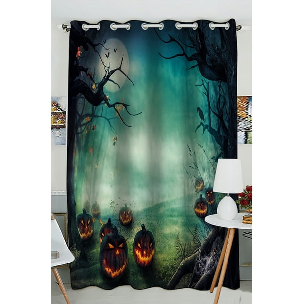 Halloween Skull Shower Curtain - Vintage Spooky Scene With Crows & Pumpkins, 72x72 Inch