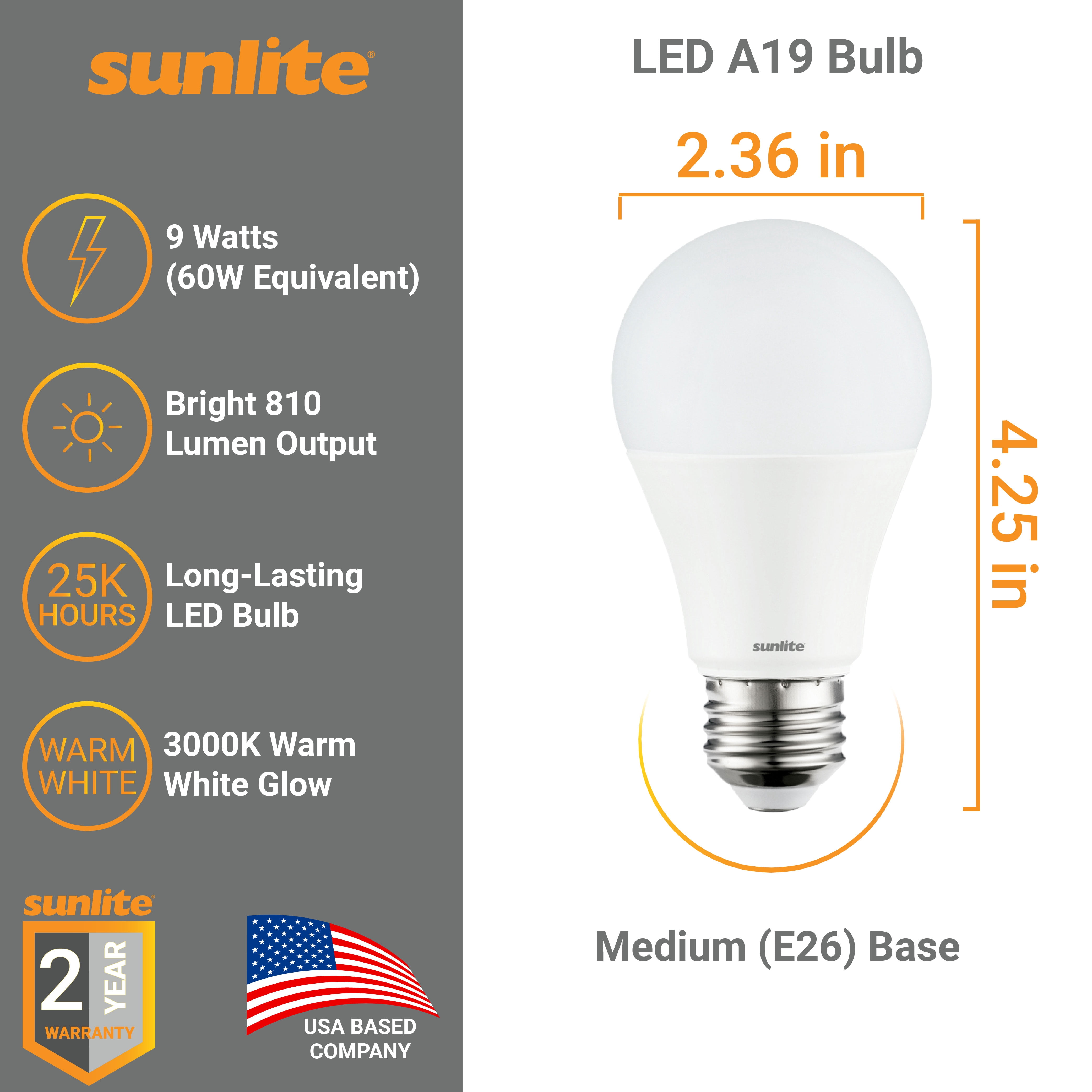 Sunlite LED A19 Light Bulb, 9 Watts (60W Equivalent), 810 Lumens, Medium E26 Base, 100-240 Multi-Volt, Non-Dimmable, Frost Glass, 3000K Warm White, 6 Pack