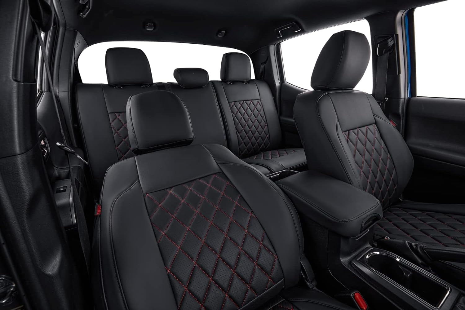 coverdream 2nd Gen Tacoma Seat Covers Custom Fit for 2012-2015 Toyota Tacoma Double Cab/Crew Cab Base (Regular Seats) - Breathable Leather (Full Set, Black/Red)