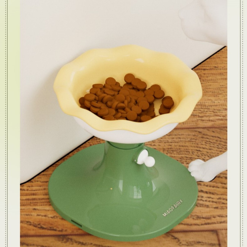 Fairela Lightweight Habitat Mounted Regular Ceramics Feeding Trough with 1 Cat Bowl for Cats, Yellow Floral