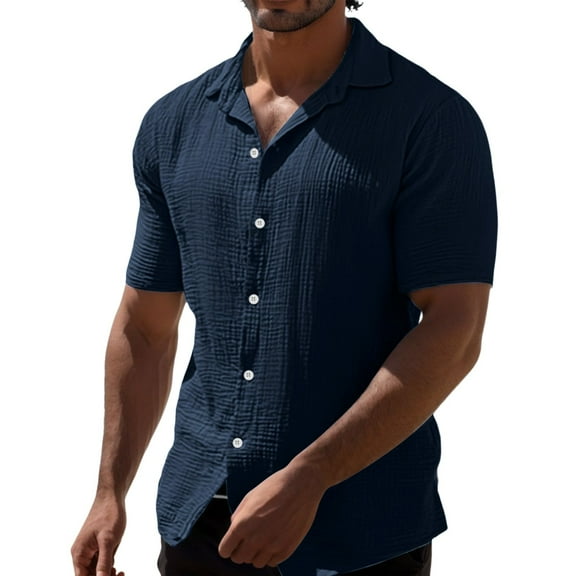 Mens T-shirts Mens Summer Summer Casual Lapel Solid Color Short Sleeved Button Linen Shirt Clothing Loose Fit Men Short Sleeve Yoga Shirt T Men Long Tees Sleeve Extra Long Navy XL