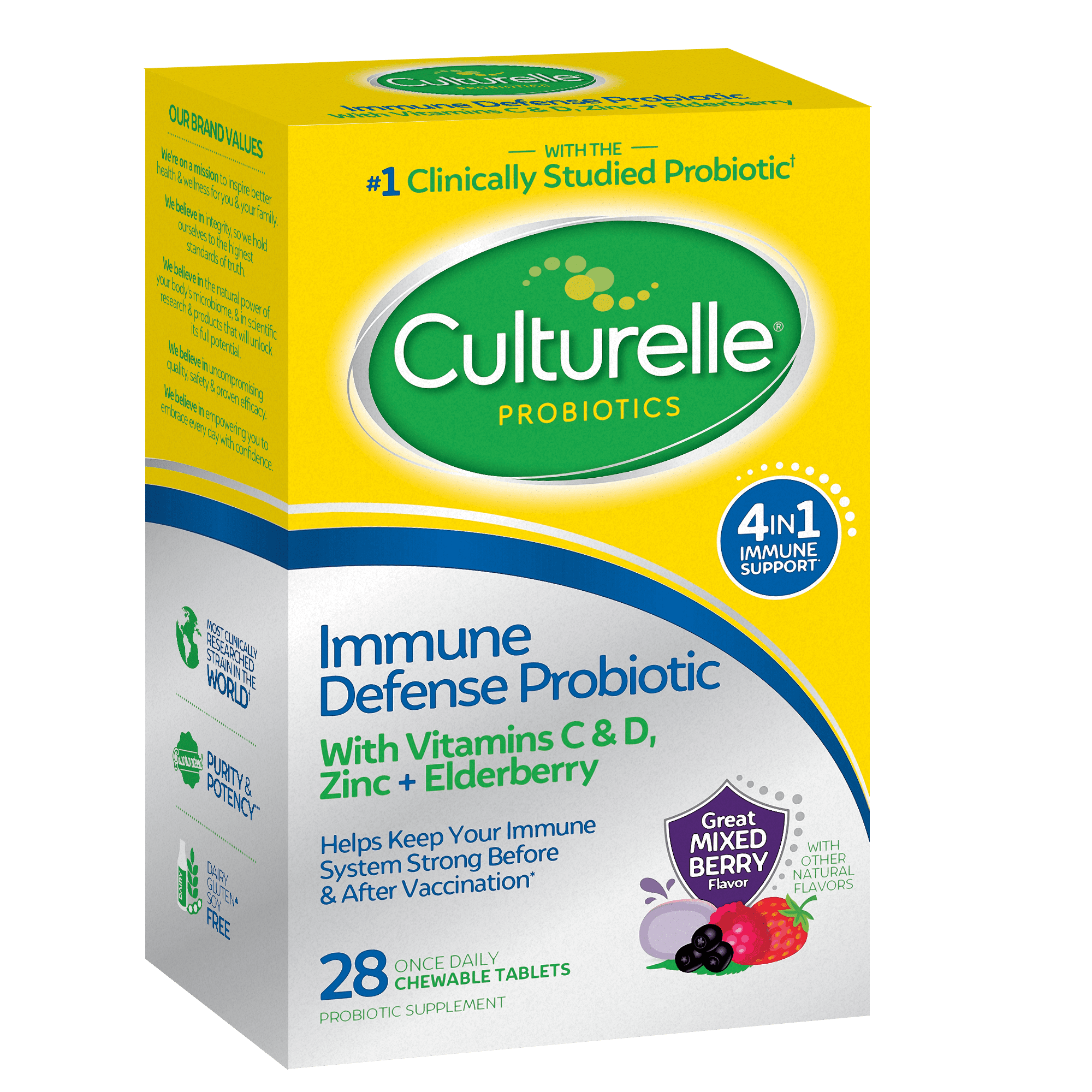 Culturelle Probiotics Immune Defense Daily Chewables Supplement, 4-in-1 Immune Support for Adults, Mixed Berry Flavor, 28 Count