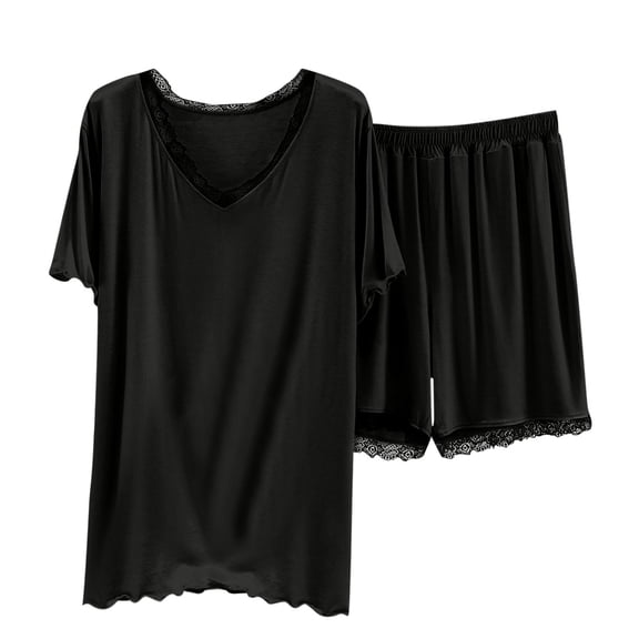 IROINNID Women V Neck Loose Solid Color T Shirt with Shorts Casual Two Piece Pajama Set Soft Home Wear Sleepwear Home Outfit for Spring Summer(Black,M)