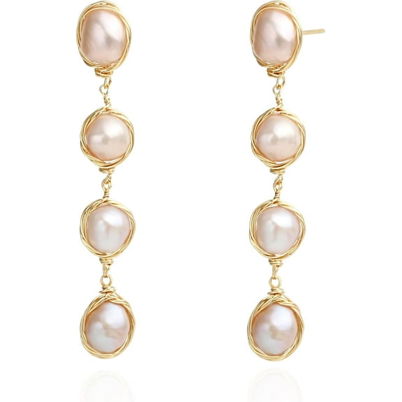 14K Gold Plated Cultured White Baroque Pearl Dangling Drop Earrings for Women Trendy