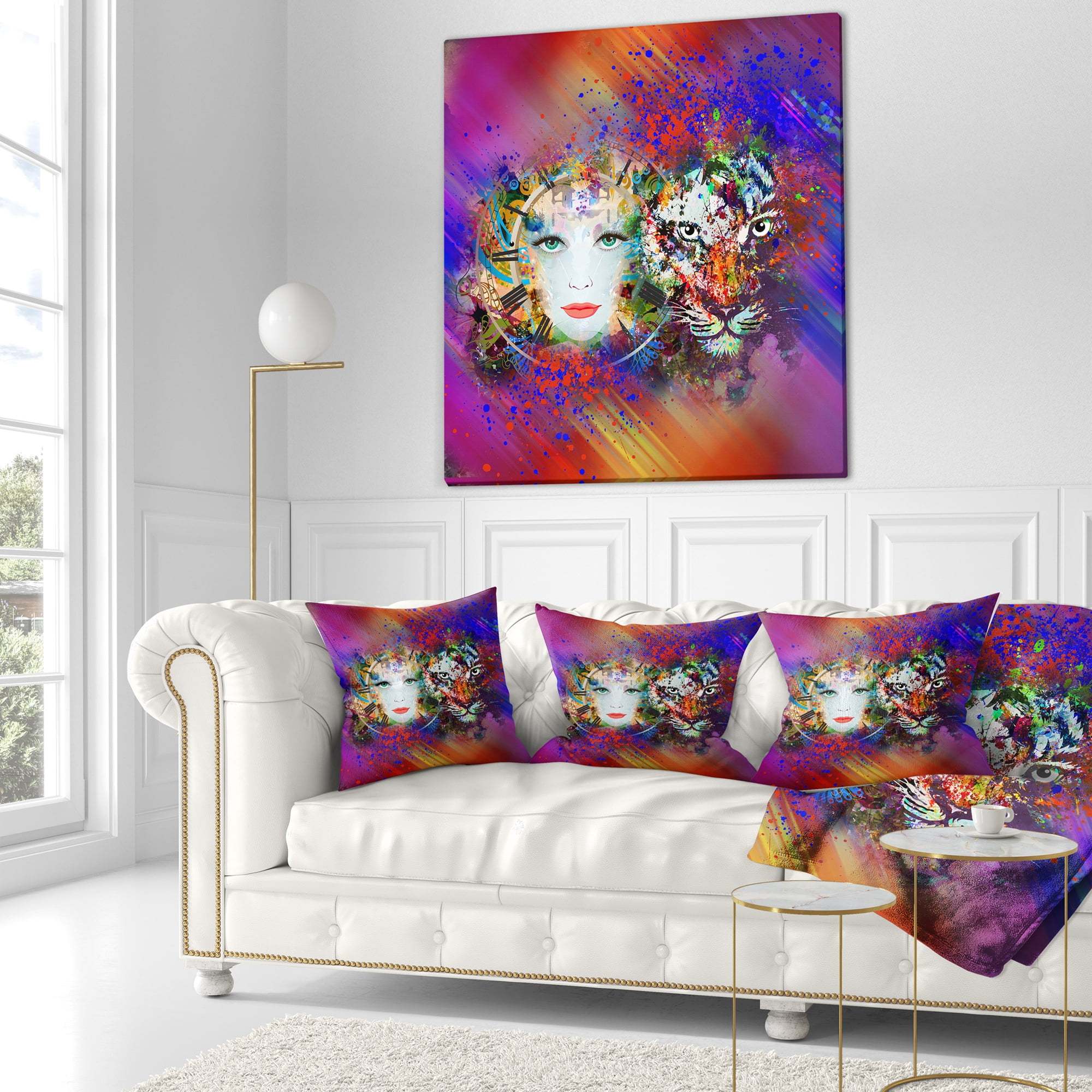 Designart Colorful Tiger and Woman Face - Abstract Throw Pillow - 16x16
