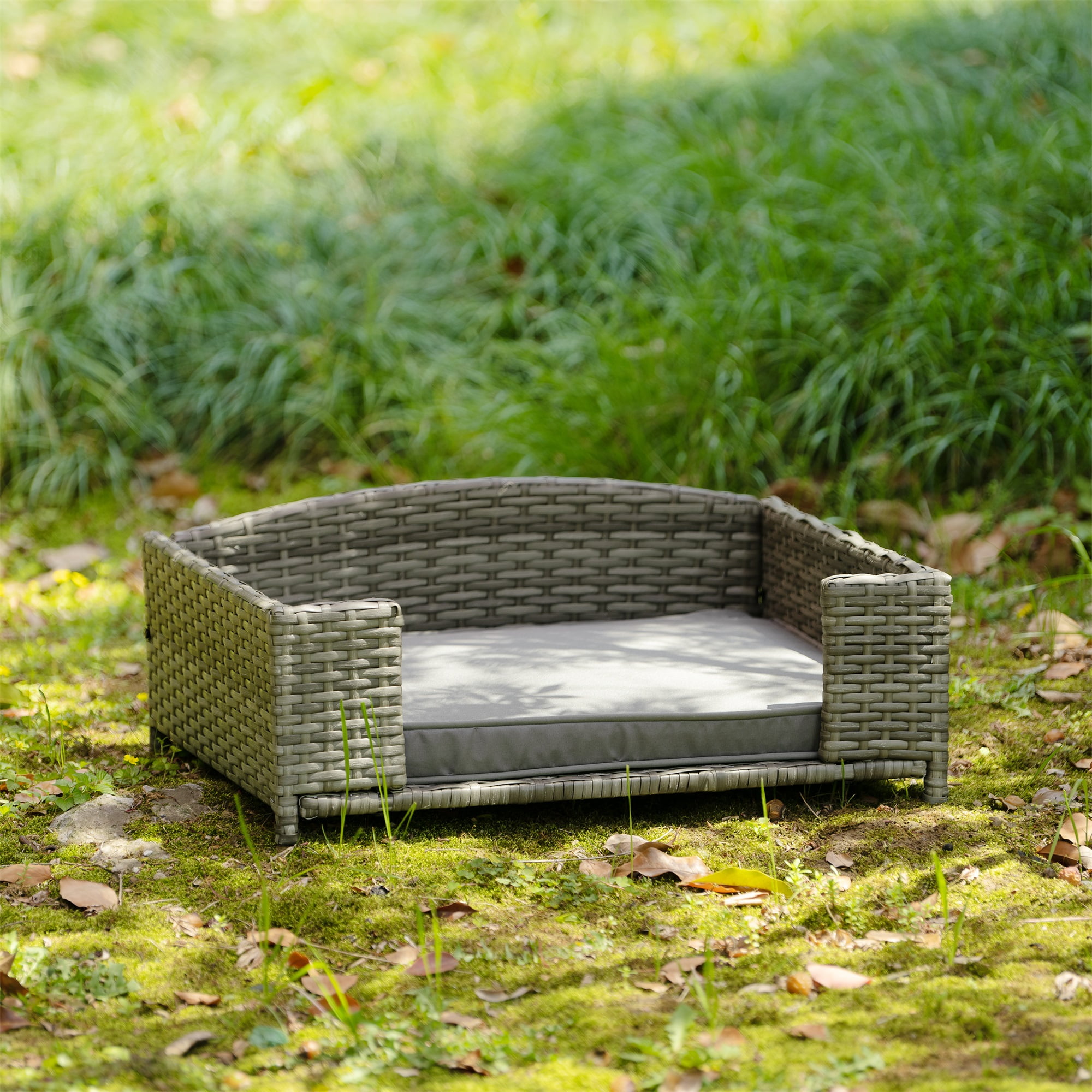 Pefilos 25" PE Wicker Dog Sofa Bed Elevated Raised Rattan Pet Bed for Indoor/Outdoor with Removable Cushion Lounge Curved backrest, Gray Pefilos 25" PE Wicker Dog Sofa Bed Elevated Raised Rattan Pet Bed for Indoor/Outdoor with Removable Cushion Lounge Curved backrest, Gray