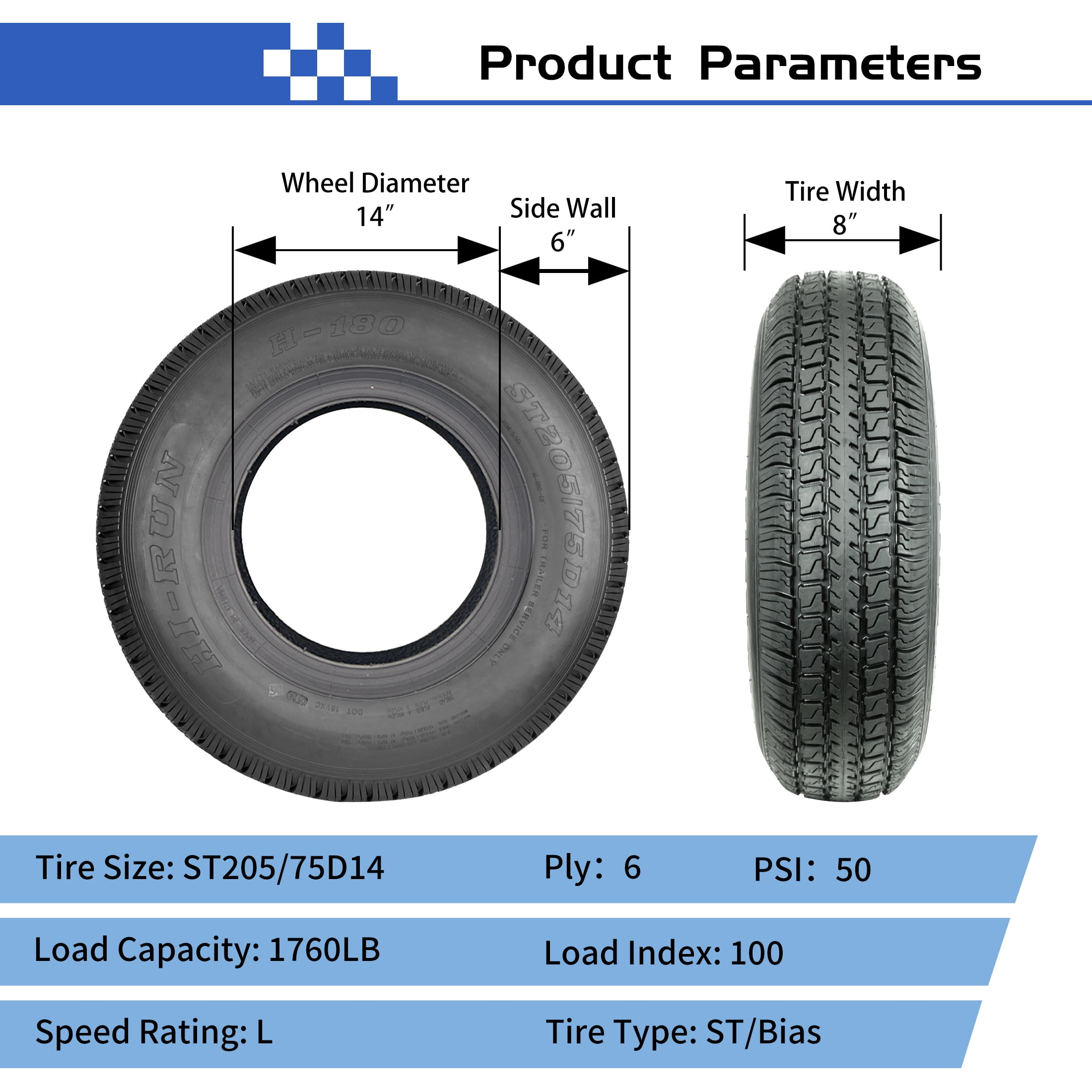 Hi-Run H180 ST205/75D14 6PR 100L Heavy-Duty Bias Trailer Tire