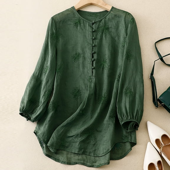 Nrmvnmi Womens Oversized Cotton Linen Shirts Blouses Casual Spring Summer Loose Crew Neck Button Up Long Sleeve Shirt Tunic Tops Mothers day Gifts for Wife