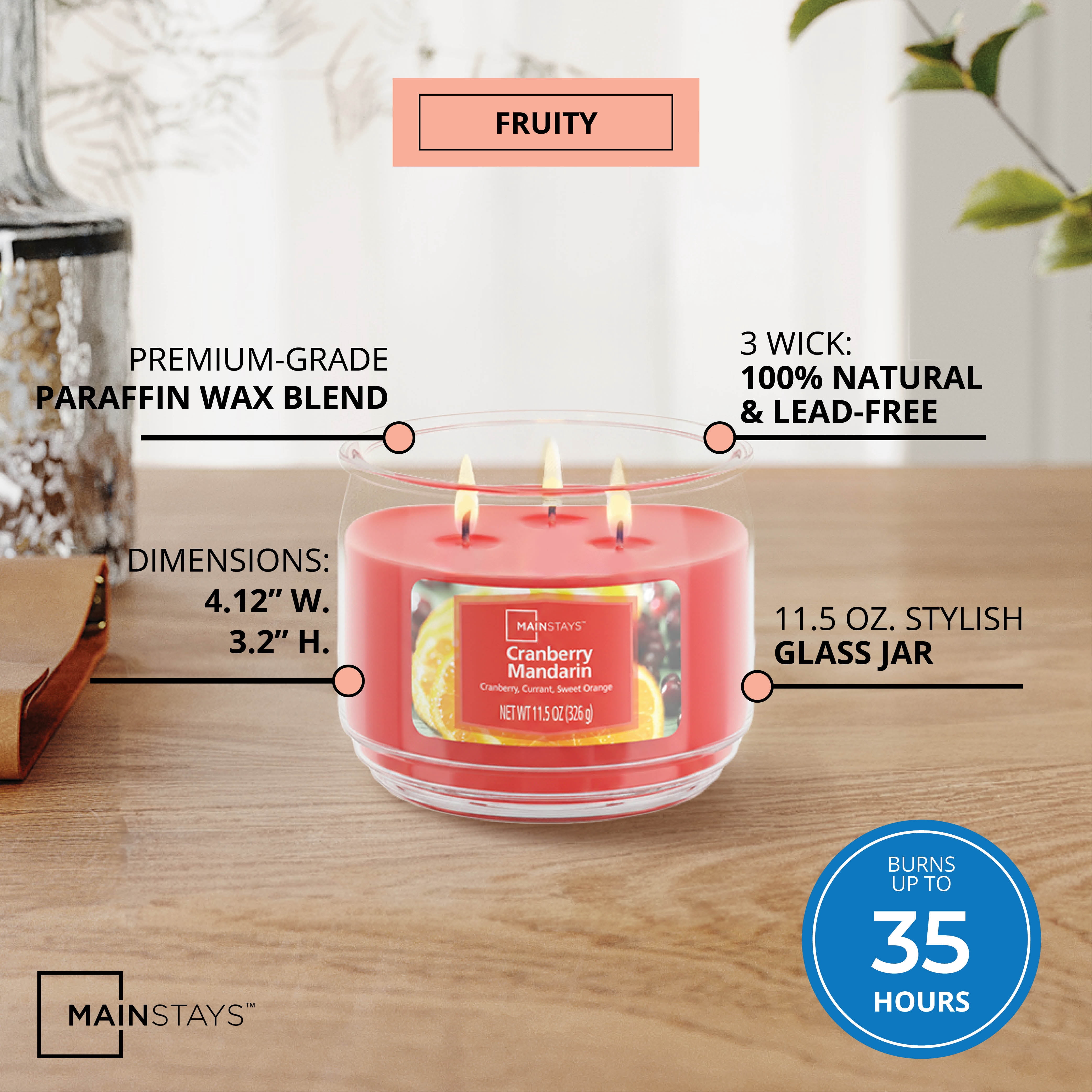 Mainstays 3-Wick Scented Glass Jar Candle, Cranberry Mandarin, 11.5oz.