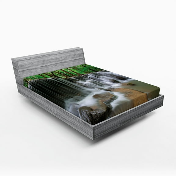 Ambesonne Nature Fitted Sheet, Tropical Forest Scenery, Queen Size, Forest Green Brown White