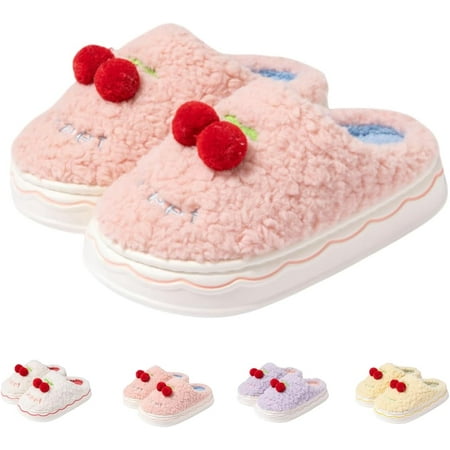 

Cute Cherry Fuzzy Slippers for Women Indoor Outdoor Anti-Slip Thick Soled Shoes Soft Cozy Plush Slippers for Gift