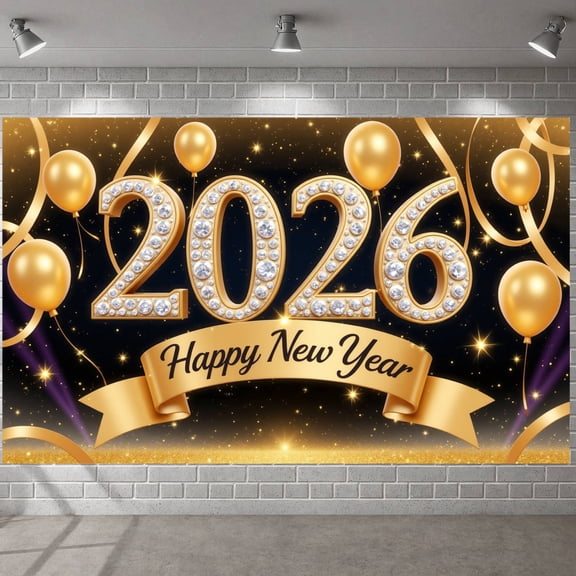 Golden Theme Happy New Year Banner Sparkling Crystal 2026 New Year Display Glittering Stars Gold Balloons New Year Backdrop for New Year Party 2026 Celebration Indoor Decoration