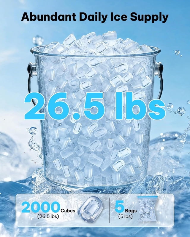 Portable Countertop Ice Maker with 2 Bullet Ice Sizes, Makes 8 Cubes in 6 Minutes, 26.5 lbs Daily Output, Self-Cleaning Ice Machine for Kitchen, Office, Parties, and RV Use