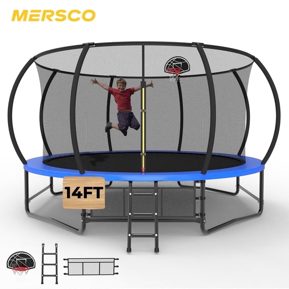 Mersco 14FT Kids Trampoline, ASTM Certified Heavy Duty Outdoor Trampoline with Safety Enclosure Net Basketball Hoop and Ladder for Backyard Family Fun, Pumpkin Trampoline SPACE