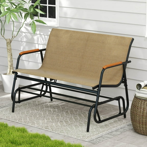 Costway Patio Glider Bench for 2 Swing Gliding Loveseat with Curved Teak Armrests for Porch