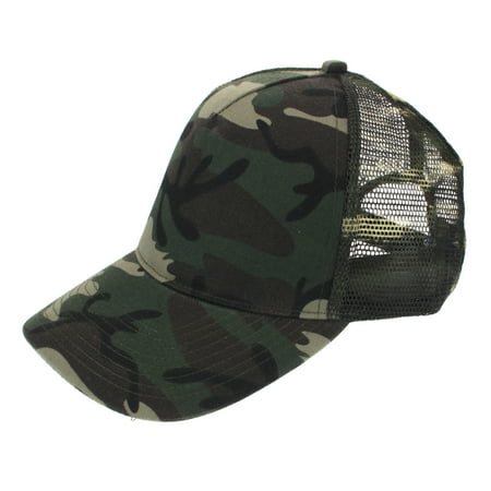 Crown Trucker Hat - Mens Low Crown 5 Panel Camouflage Twill Mesh Trucker Hat Green Camo