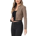 thumbnail image 4 of INSPIRE CHIC Women's Faux Suede Cropped Jacket Double Breasted Stand Collar Zip Up Long Sleeve Coat S Coffee, 4 of 6