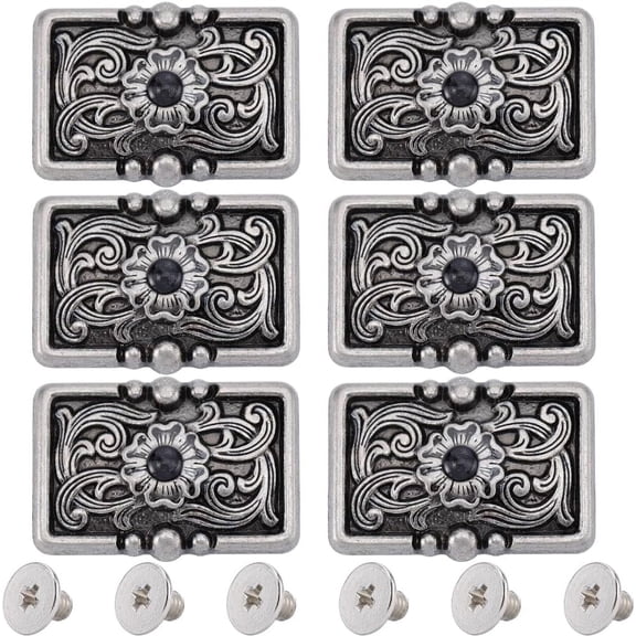 1 Box 6Pcs Flower Decorative Buckles Rectangle Vintage Metal Screw Back Black Turquoise Buckle Replacement Concho Buttons for DIY Leather Sewing Craft Purse Bags Decor 1.32x0.93in Black