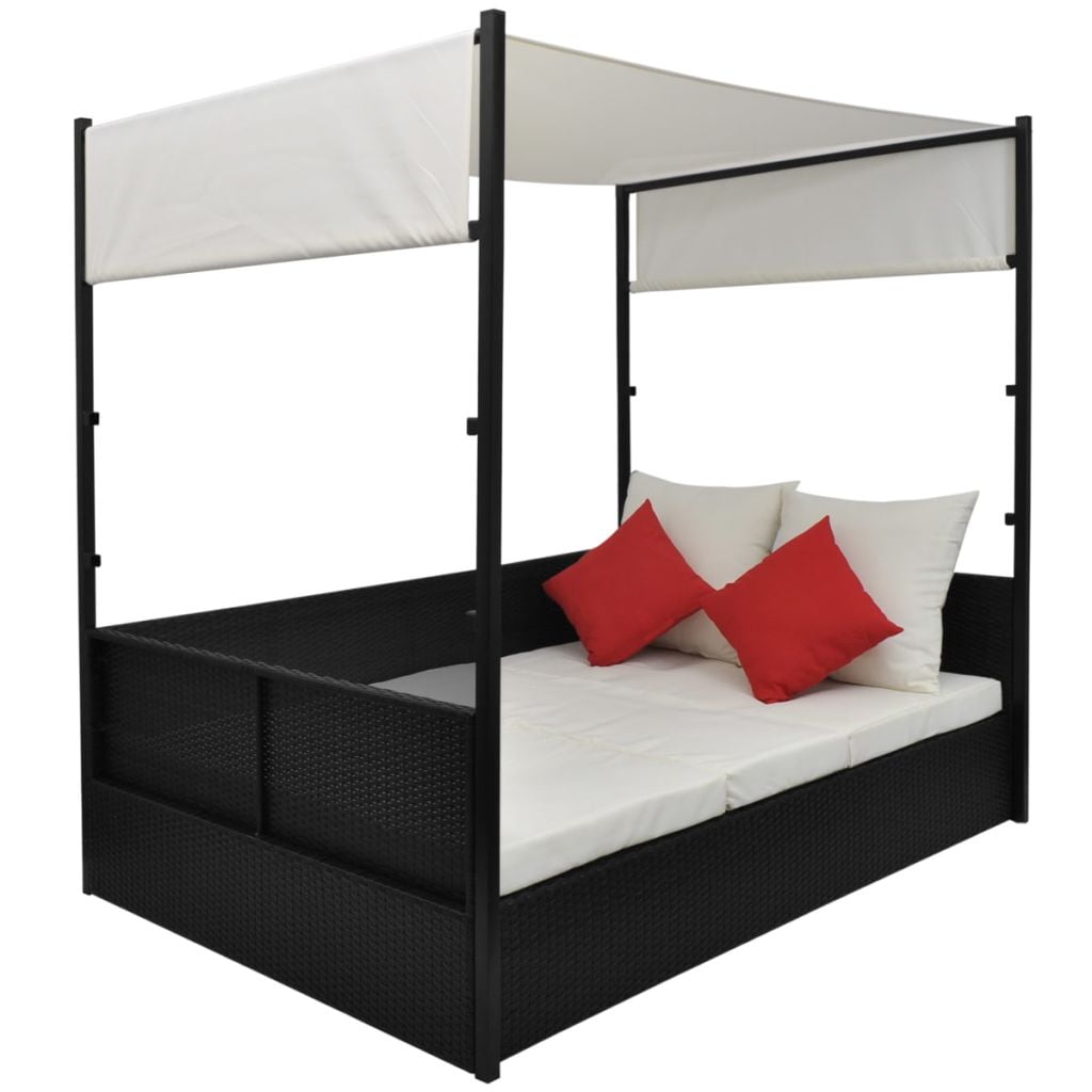 Kepooman Outdoor Rattan Double Chaise with Canopy & Bed Coffee Table, Black Kepooman Outdoor Rattan Double Chaise with Canopy & Bed Coffee Table, Black