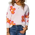 thumbnail image 2 of Floral Sweaters for Women Contrast Color Striped Crew Neck Long Sleeve Loose Knit Pullover Tops White XL, 2 of 10