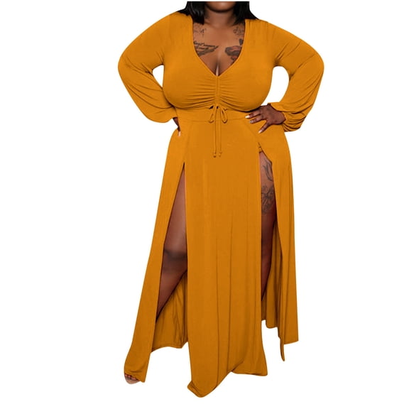QQAMB Women's Dresses Plus Size Sleeveless Deep V-Neck Front Split Long Maxi Wrap Dress Orange 3XL