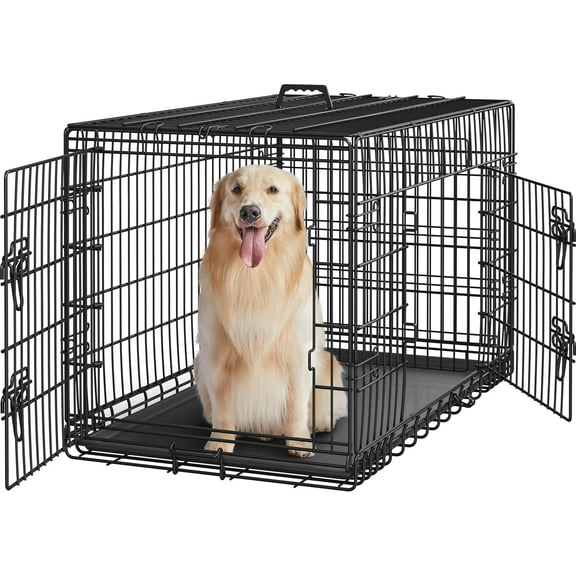 RONG-3 30 inch Double Door Dog Crate w/Divider for Puppy, Collapsible Metal Dog Kennel with Removable Tray, Portable Travel Cage,Black,42″ L × 24″ W × 26″ H