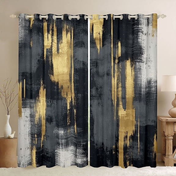 jejeloiu Minimalist Aesthetic Artwork Black Out Curtains,Black Gold Graffiti Curtains Pack of 2 (42x63 Each) For Girls Kids