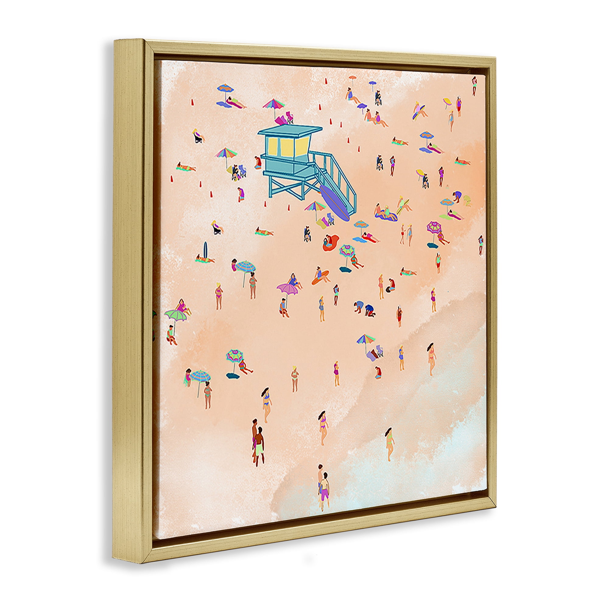 Stupell Industries Scatted Summer Beachgoers People Painting Gold Floater Framed Canvas Art Print Wall Art, 25 x 25