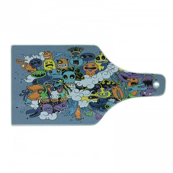 Indie Cutting Board, Group of Funky Monsters Society Different Expressions Abstract Groovy Doodle Style, Tempered Glass Cutting and Serving Board, Wine Bottle Shape, Multicolor, by Ambesonne