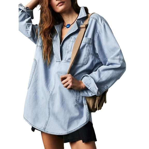 Women V Neck Denim Pullover Casual Button Up Top Loose Fit Long Sleeve Denim Jacket with Pockets