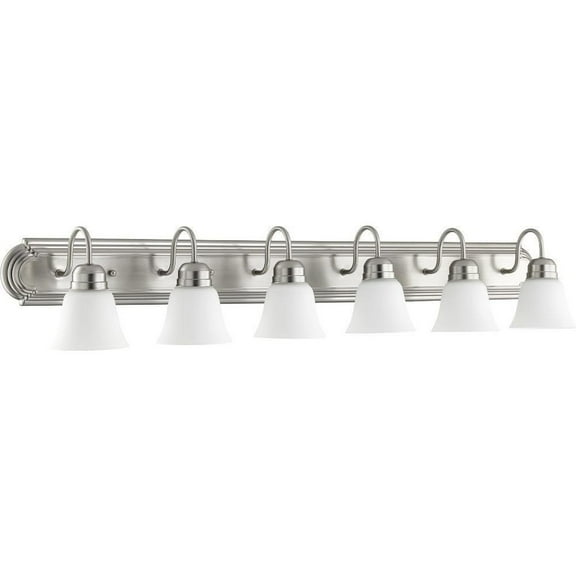 6-Light Bathroom Light with Bell-Shaped Glass Shades with Satin Nickel Back Plate 48 inches W  8 inches H-Satin Nickel Finish-Satin Opal Glass Color